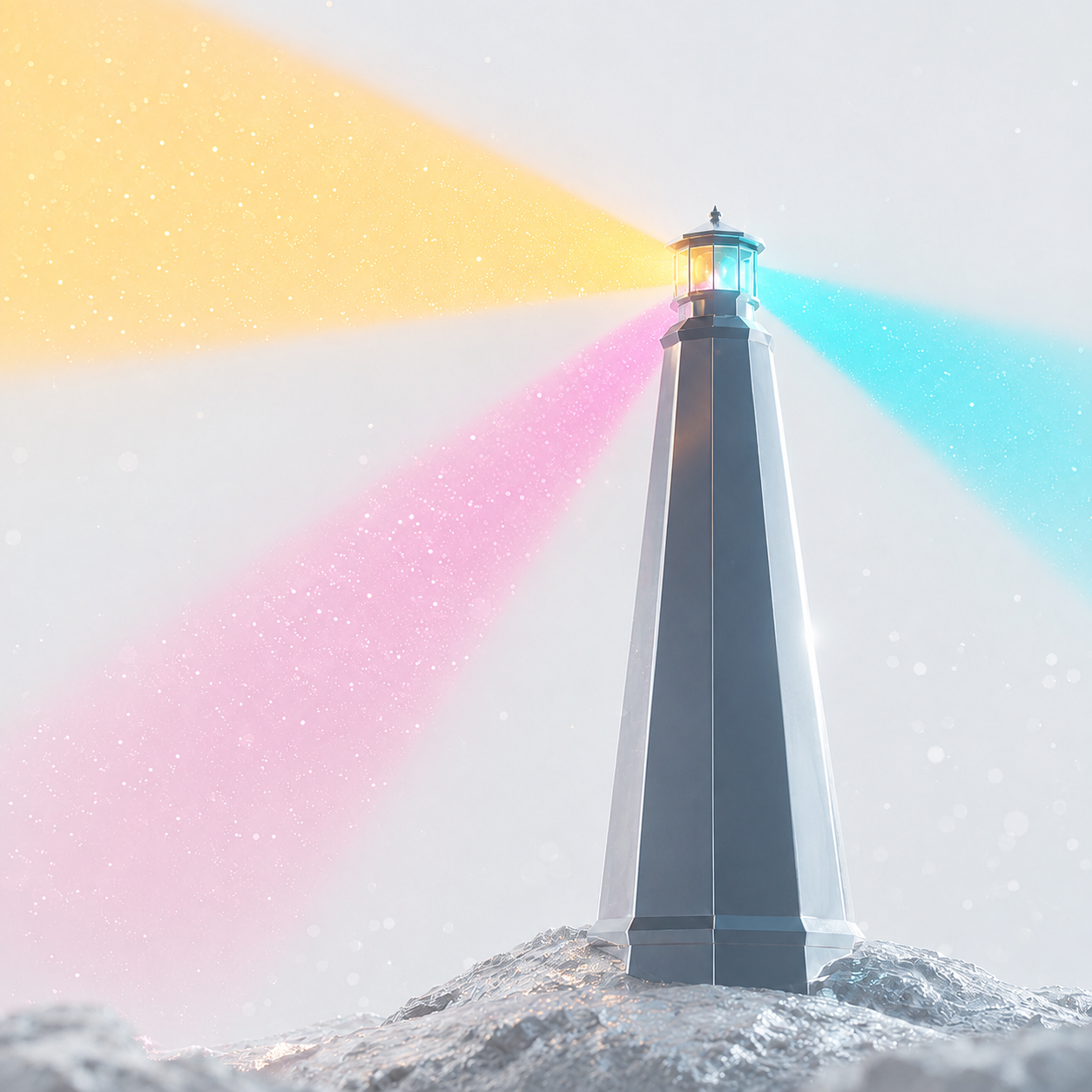 A lighthouse casting three coloured sector beams across a pale sky