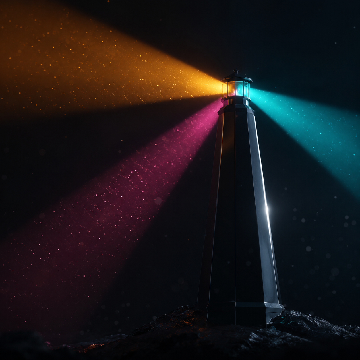 A lighthouse casting three coloured sector beams into the dark